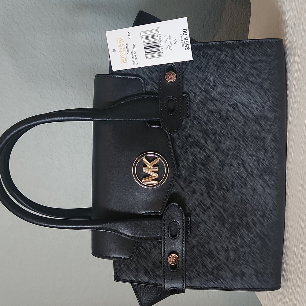 Michael Kors Black Carmen MD FLAP Satchel with Gold Accents